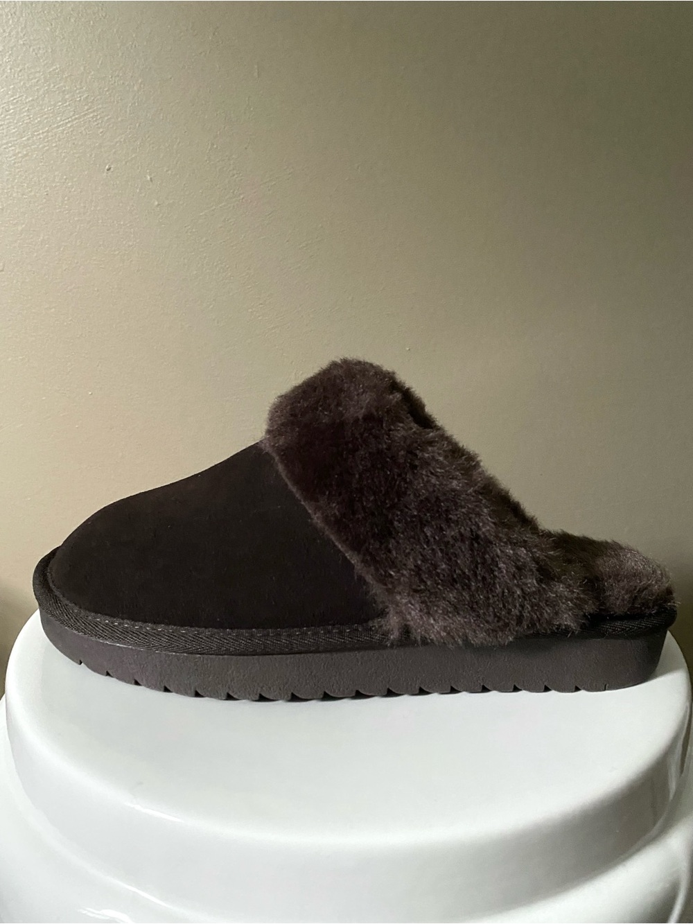 GREYSTONE SUEDE FAUX FUR LINED SLIP ON MULES ROUND TOE INDOOR OUTDOOR Brown 9